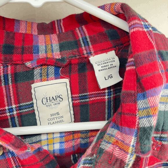 Chaps Flannel Button Shirt Men Size Large Blue Red Plaid Long Sleeve L Cotton - Picture 2 of 3